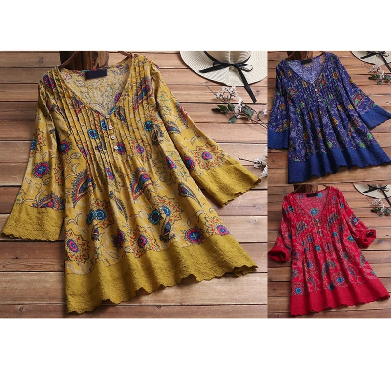 Большие размеры Летняя мода Boho Хлопок Лен с рисунком блуза, Топ Свободный Топ Женская рубашка с длинными рукавами Blusas Femininas пуловер
