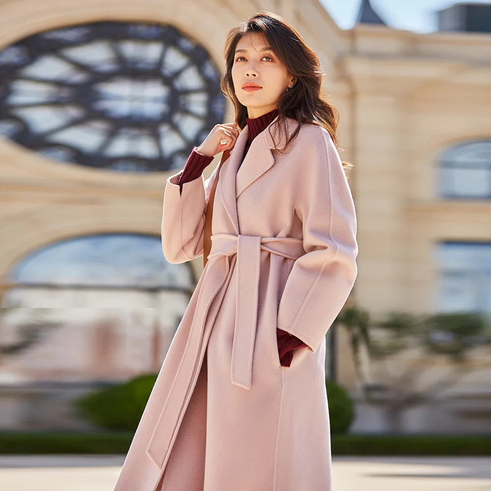 Pink Длинное шерстяное пальто женское подиумное розовое пальто зимнее теплое Женское пальто мятно-зеленая одежда с поясом шерстяное пальто роскошное милое карамельного цвета jas - Цвет: Pink