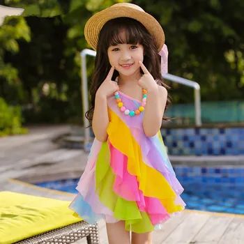 

Girls 2017 New Summer Rainbow stripe children dress formal princess vest dress 3-11 years elegance Chiffon prom dresses kids