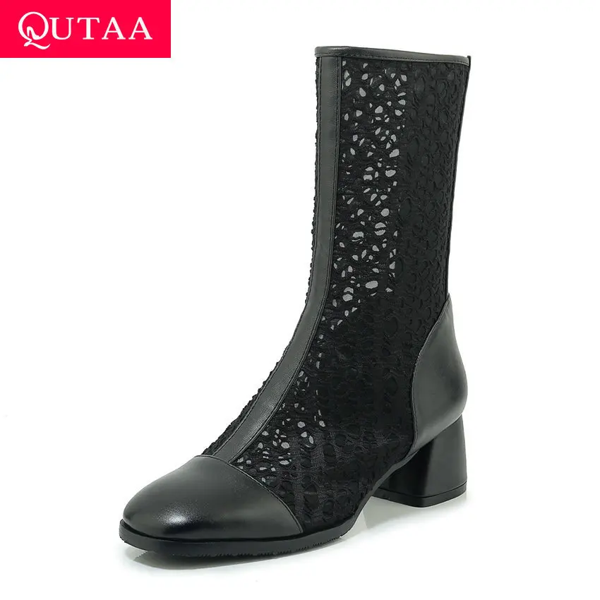 

QUTAA 2020 Mesh Flock PU Leather Cut Outs Women Pumps Zipper Women Cool Short Boots Square Heel Casual Ladies Shoes Size 34-43