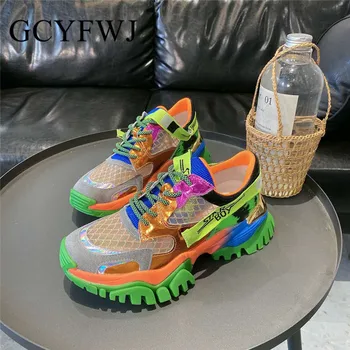 

GCYFWJ Women Sneakers 2020 The New Mesh Breathable Colour Mixture Thick Bottom Casual Genuine Leather Female Shoes Scarpe Donna