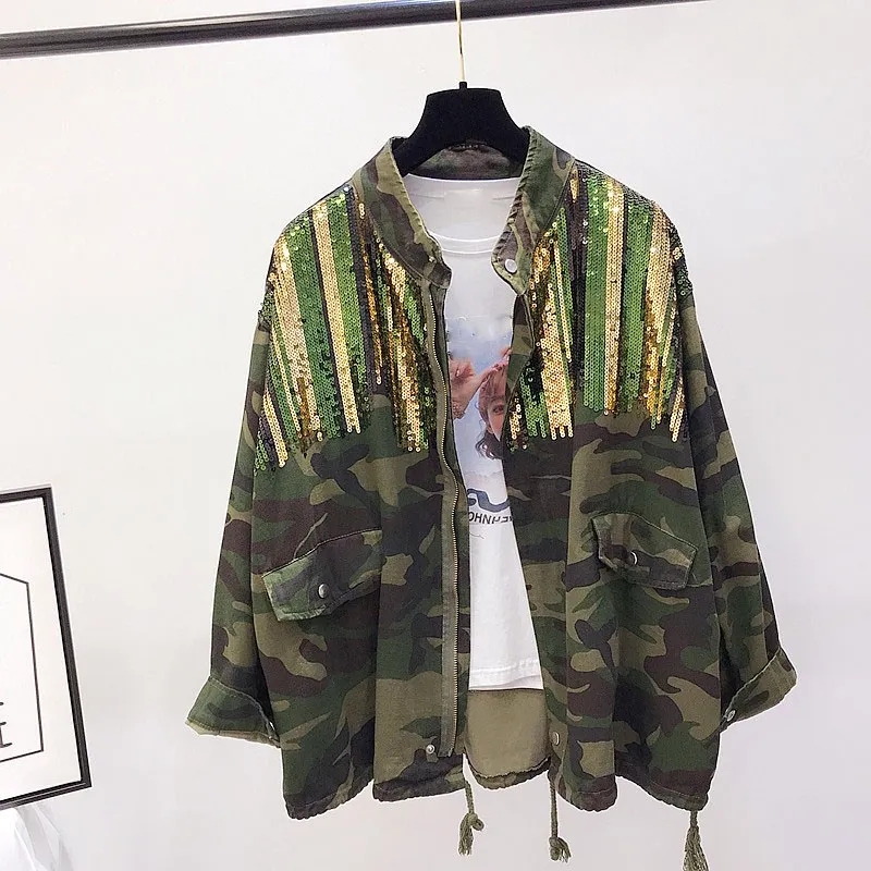 Promo  Boho Camouflage Jacket Women Sequins Shinny Lace Up Denim Coat Bomber Long Sleeve Coats