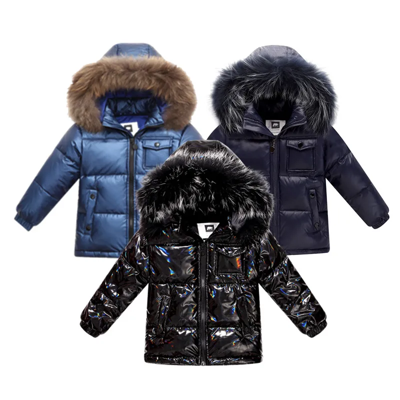 Unisex Winter Down Jacket Coat for Boys 2-14 y Children Thickened Outerwear Nature Fur Parka Kids
