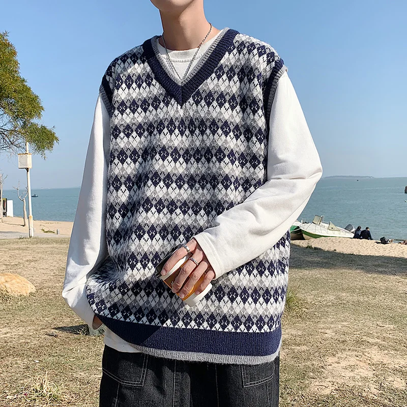

21/Autumn and winter men's Korean style loose ethnic style V-neck sweater vest