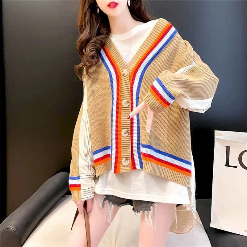 

2023 Spring Stitching Shirt Sweater Cardigan Women Loose All-match Size New Lazy Style Knitted Jacket Simple Loose Cardigan