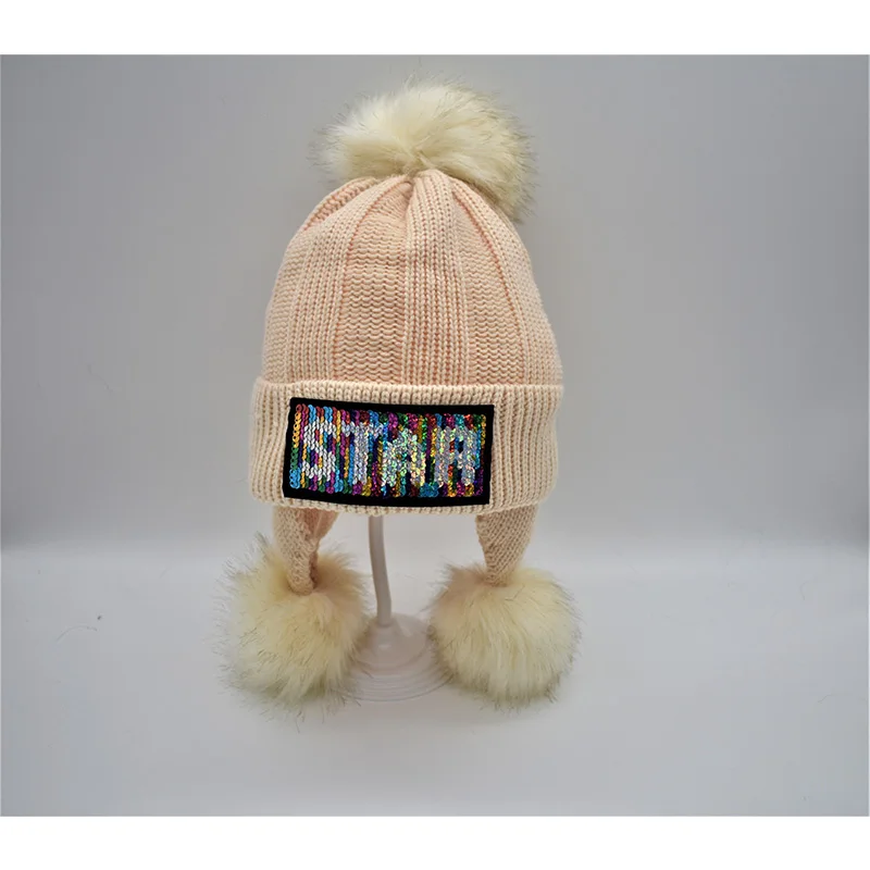 Winter Hat for Kids Girls Boys Sequin Pom pom Beanie Hat Hip Hop Bonnet Soft Knitted Cap Gorro niña lana czapka zimowa chlopiec