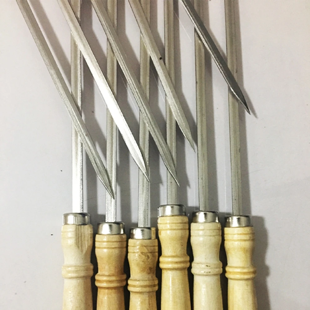 40cm Stainless Steel BBQ Skewer Wooden Handle BBQ Needle Reusable Barbecue Meat String Grill Fork Outdoor Cooking Tooll 4