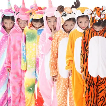

Boys Girls Winter Flannel Warm Kigurumi Stitch Children Animal Pajamas Kids Rainbow Unicorn Pajama Sleepwear 4 6 8 10 12 Year