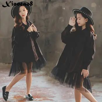 

Spring Autumn kids black shirt dresses for girls mesh patchwork pockets dress big girls casual clothes children princess dress
