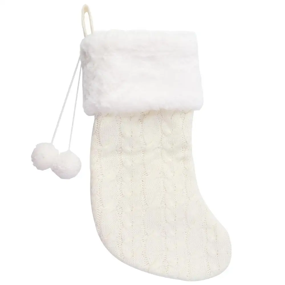 Ivory Knitting Sock Теплые вязаные рождественские чулки с плюшевым шариком, рождественский подарок, сумка, новогодние носки, рождественская елка, подвесные украшения, украшение для дома - Цвет: Ivory Knitting Sock