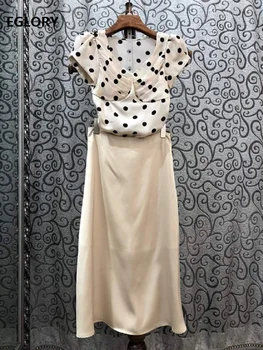 

High Quality Skirt Suits 2020 Summer Casual Work Sets Women Polka Dot Print Tops Blouse+Mid-Calf Length Pencil Skirt Set Female