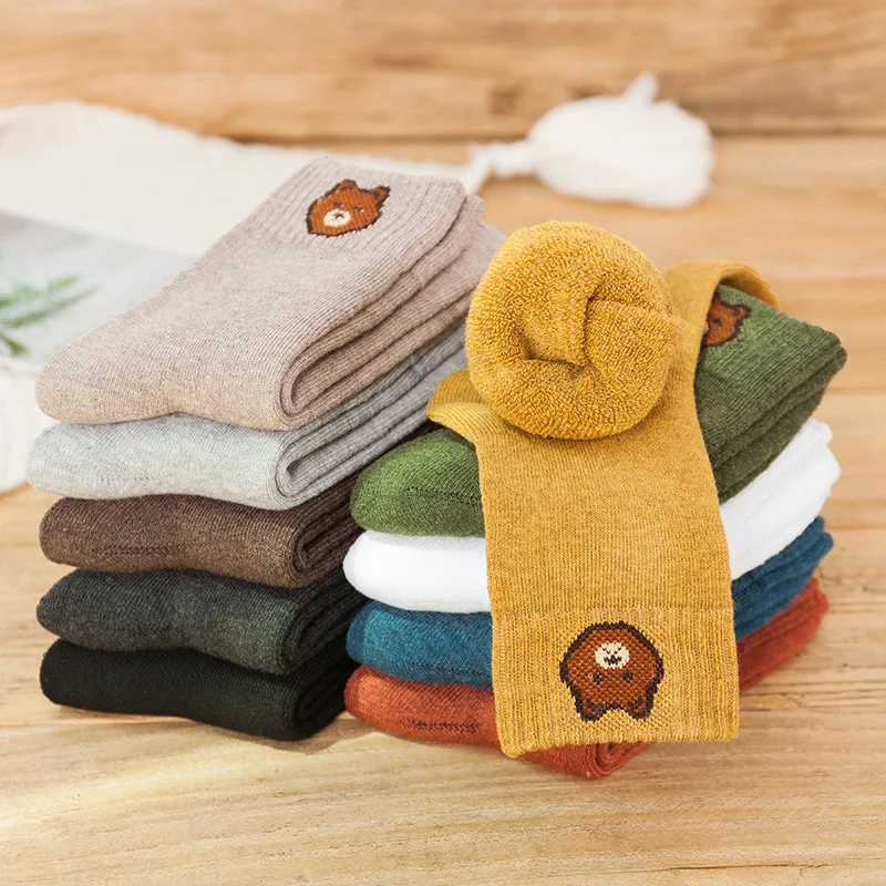 

liser Cotton sock Woman Autumn Winter Thicken Socks Solid color girl Cute bear socks Temperament student socks multiple colour