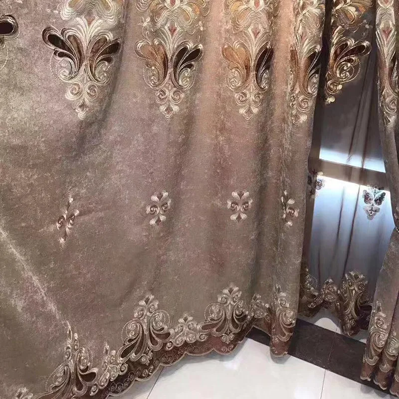 Coffe Embroidery Blackout Noble Window Drapes Villa Nordic Classic Luxury Chenille Thick Curtains for Living Room X-HM097#20