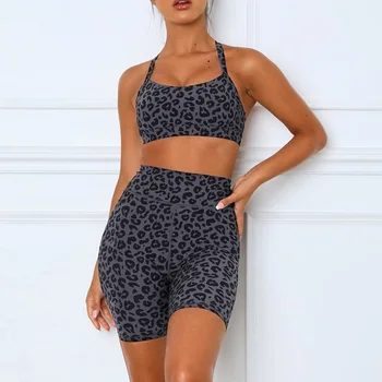 

Women's Sports Outdoor Vest Crop Top And Shorts Suit Yoga Workout Sportswear Suit Two-piece Leopard Print XL