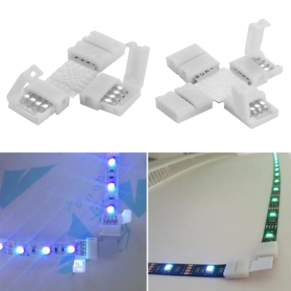 Conector de tira de Conector de esquina sin soldadura PCB de forma cruzada, 4 pines, L, T, para RGB 3528 5050, acoplador de tira Led con Clip