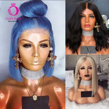 

OLEY Hair Bob Blue Wig Middle Part Synthetic Lace Front Wig Heat Resiistant Glueless Straight Short Wigs For Black Women