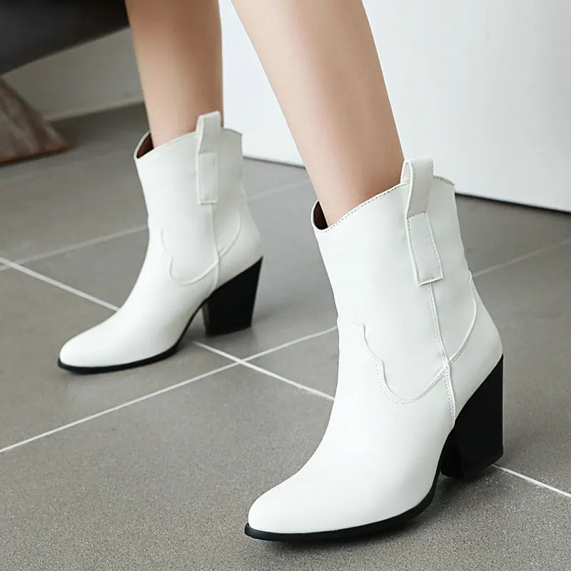 

Black White Brown Women Boots Autumn High Heel Ankle Boots Slip On Winter Plush Western Boots Cowboy Boots 2019