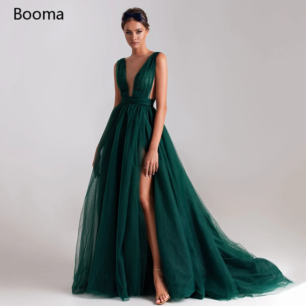 

Sexy Green Deep V-Neck Prom Dresses Sleeveless High Slit A-Line Evening Dresses Cutaway Sides Pleated Long Tulle Party Dresses