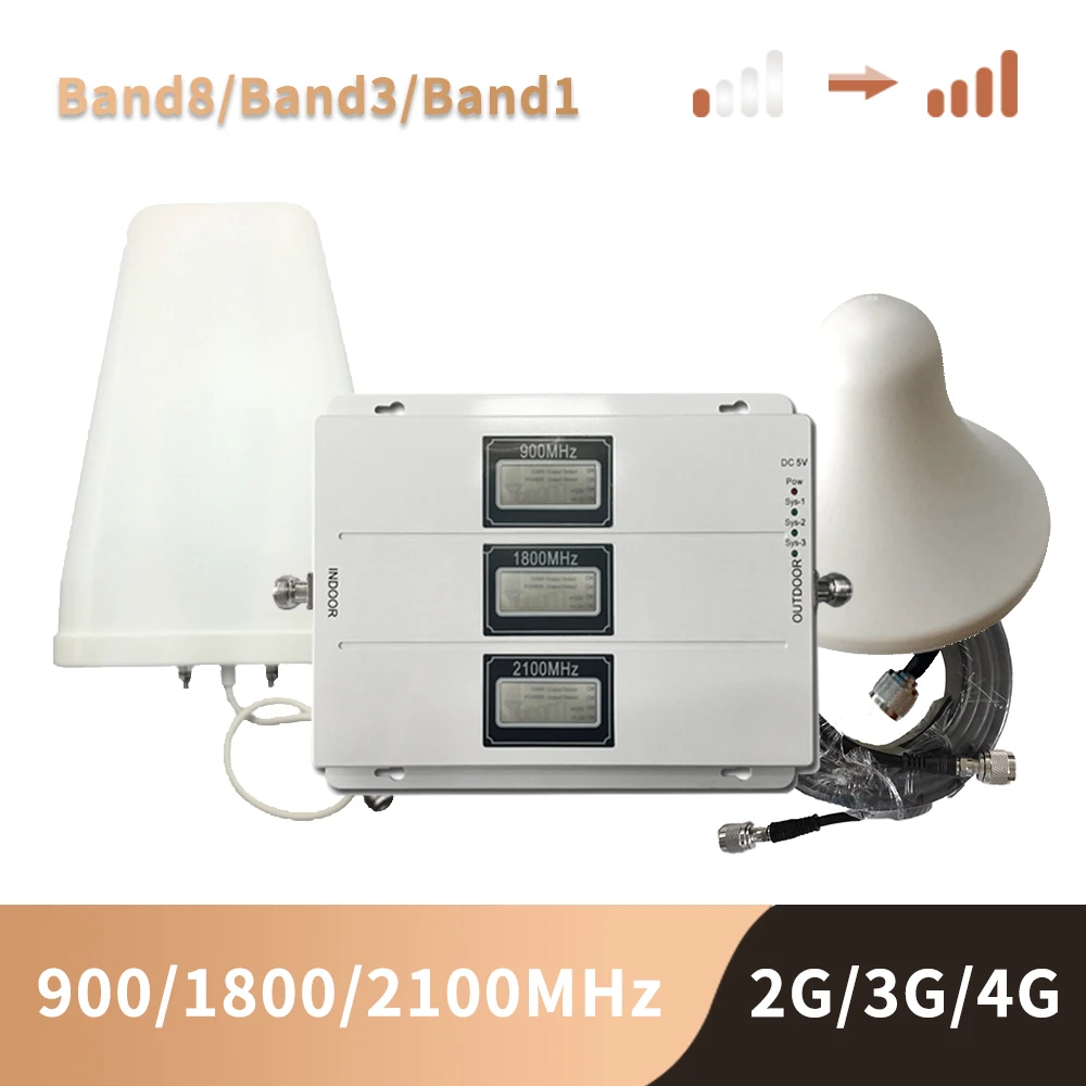 

900 1800 2100 Gain 70dB Tri Band Mobile Signal Booster Repeater GSM DCS LTE WCDMA UMTS MHz with AGC ALC 2G 3G 4G Amplifier