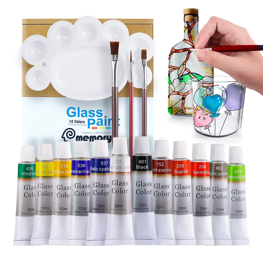 12 24 Colors Stain Glass Paint Set with 6 Nylon Brushes, 1 Palette