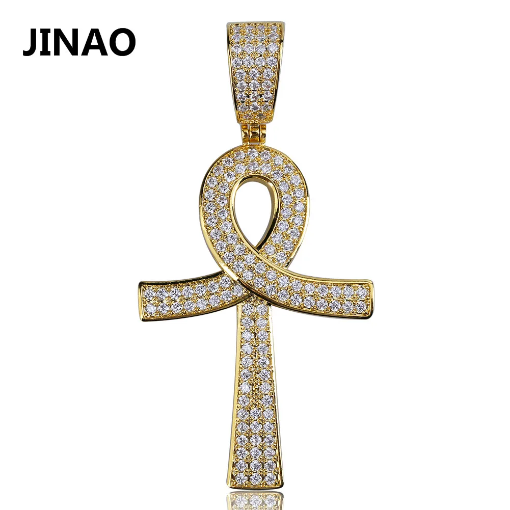 JINAO Hip Hop New Lucky Ankh Cross Pendant Necklace Gold Silver Color Plated Iced Out CZ Stone Men Chain Jewelry Gift | Украшения и