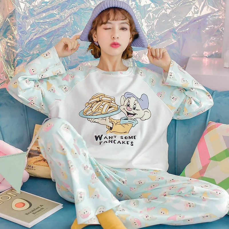 Disney Cartoon Snow White Dwarf Long Pajamas Set Lady Autumn Winter Cotton Long Sleeve Trousers Suit Printing Kawaii Pyjamas Set