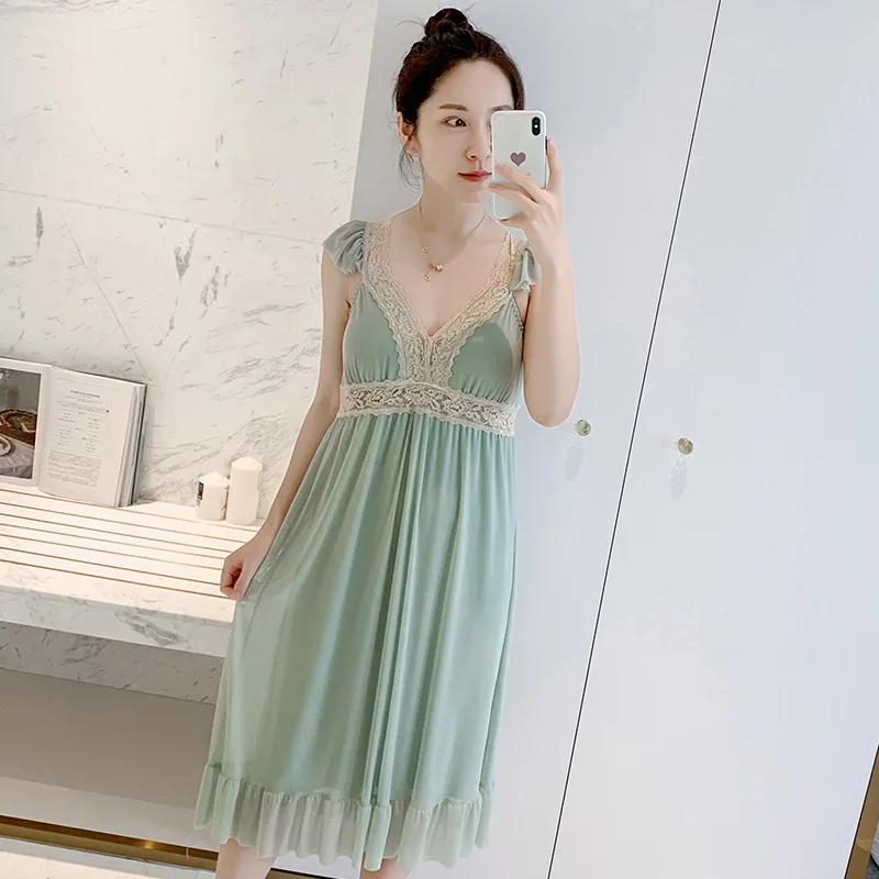 

2020 Princess Style Summer New Pajamas Sexy Mesh Lace Strap Chest Pad Cute Nightdress