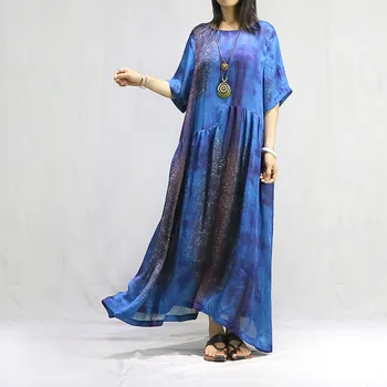 

Chinese National Style Retro Silk Printed Irregular Dress 2020 Summer Ladies New Round Neck Mid Sleeves Chiffon Loose Long Dress