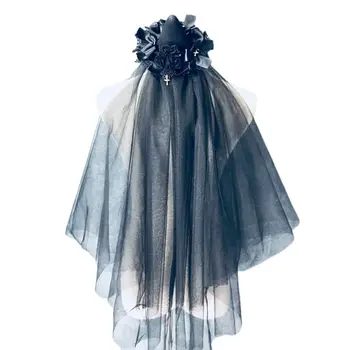

Double Layer Flower Bowtie Wedding Veil Black Tulle Mesh Witch Hat for Halloween