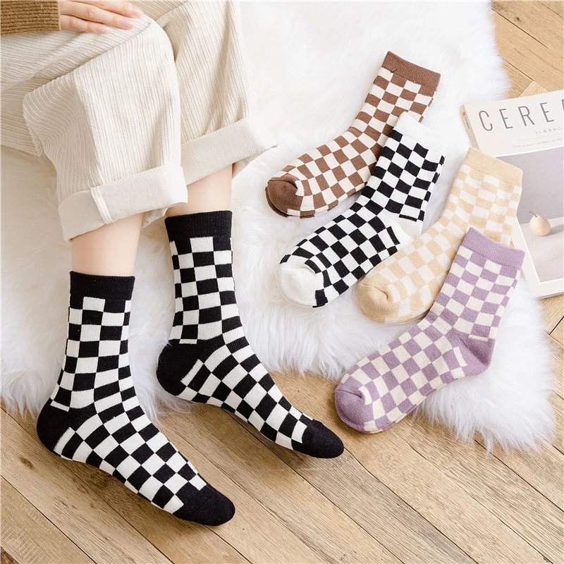 1Pairs New Witner Thick Warm Wool Women Checkerboard Socks Geometric Checkered Socks  Hip Hop Cotton Unisex Towel Socks knee high socks for women