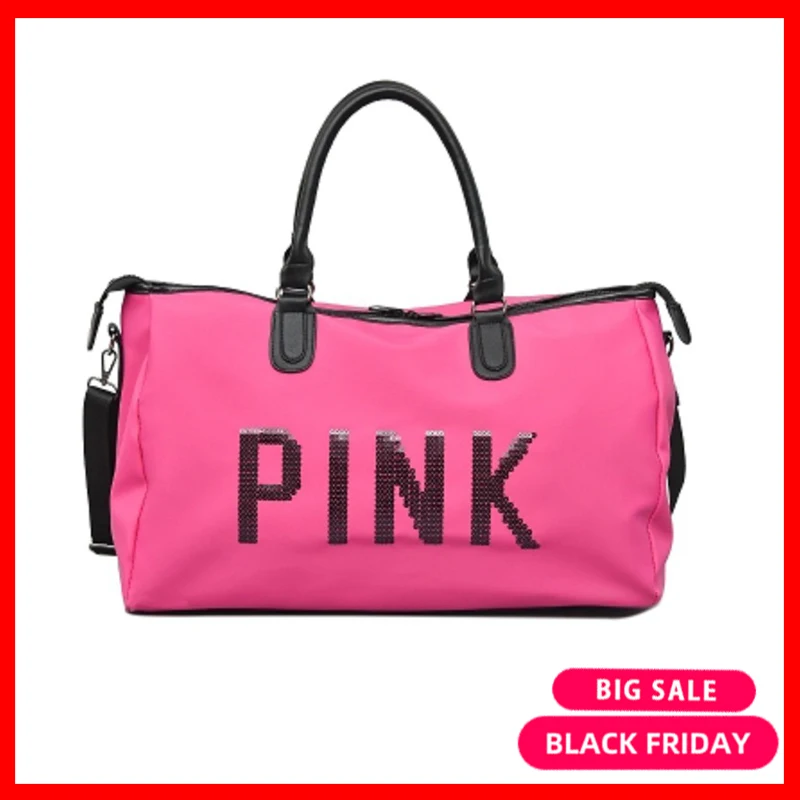 

2019 Large Capacity Travel Gym Tote Travel Bag Pink Casual Sequins Shoulder Bags Weekend Portable Nylon Tote Waterproof Handbags