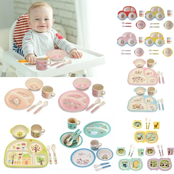 

5pcs/set Eco-friendly Bamboo Fiber Baby Plate Cup Bowl Spoon Dishes 4 Slots Children Tableware Sets Baby Kids Dishes Dinnerware