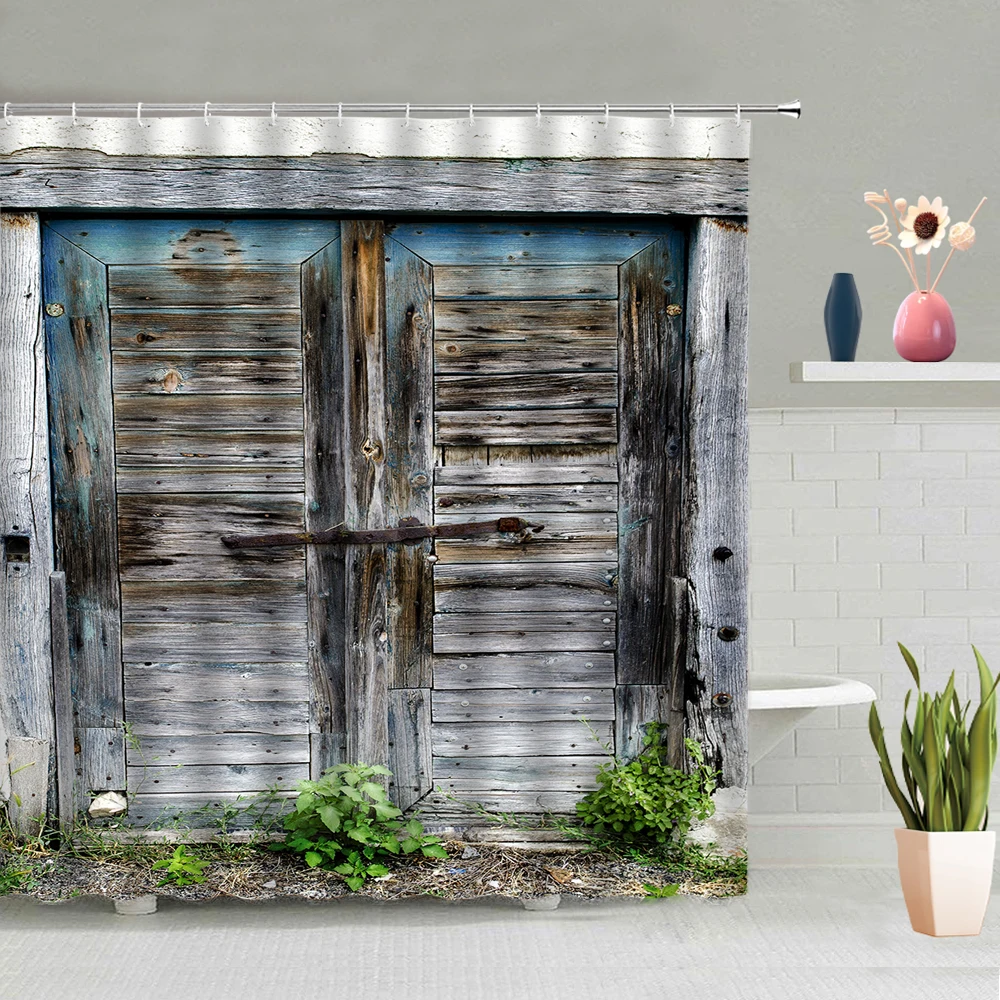 Retro Wooden Door Shower Curtain Farm Barn Doors Background Bathroom Curtains Washable Hanging With Hooks Home Decor Screen