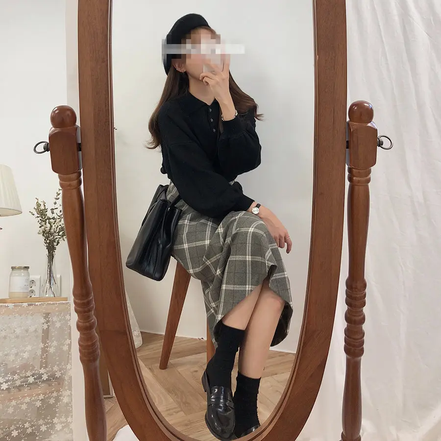 Длинная юбка Харадзюку размера плюс Корейская серая клетчатая женская школьная