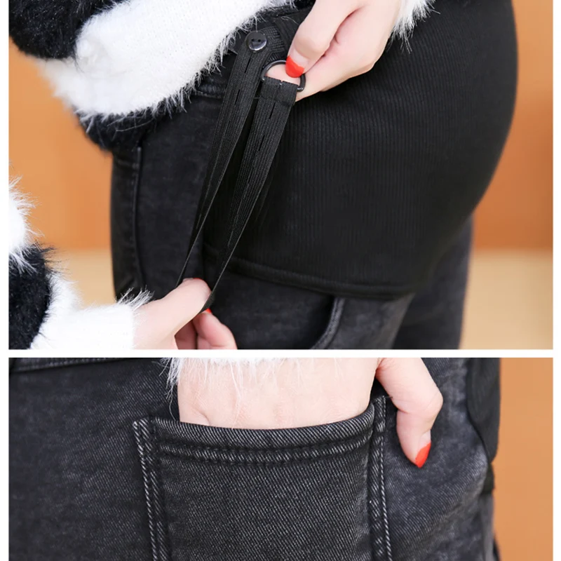 Зимние теплые толстые джинсы для беременных флисовые брюки для беременных женские джинсовые брюки-карандаш эластичные джинсы для беременных Одежда