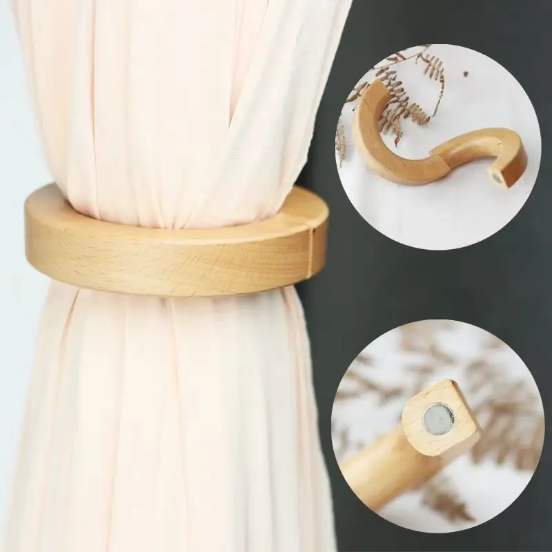 1Pc Rod Curtain Magnetic Wood Round Ring Curtain Tieback Buckle