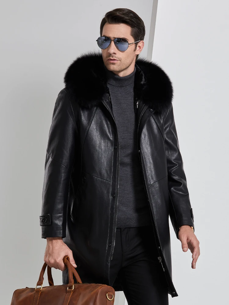 Luxury Ecological Leather Jacket Men Medium Long Black Leather Winter ...