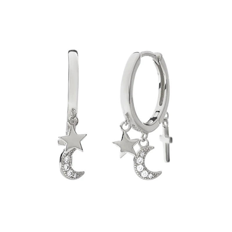 Pendientes plata 925 Moon Star Dangle Earrings 925 Sterling Silver Enamel Drop Earring For Women Girls Korean Fashion Jewerly