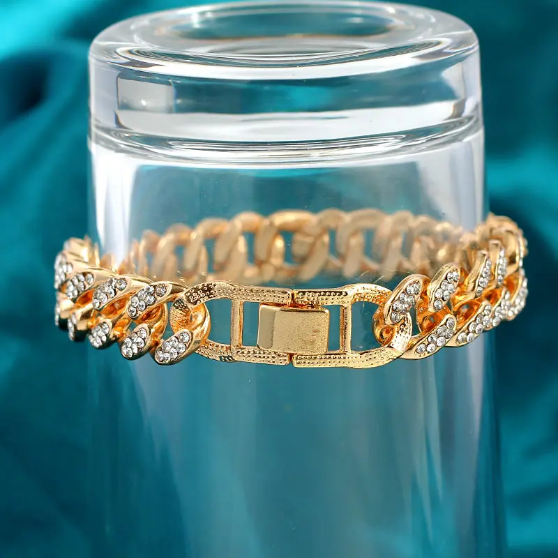 New Fashion Luxury 12mm Iced Out Cuban Link Chain Bracelet for Women Men Gold Silver Color Bling Rhinestone Bracelet Jewelry