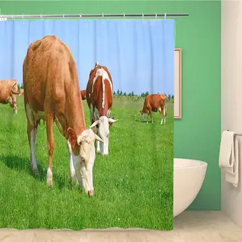 

Bathroom Shower Curtain Farm Cows on Summer Pasture Farming Grass Agriculture Animal Polyester Fabric 66x72 inches Waterproof