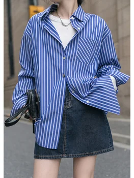 

COIGARSAM Full Sleeve Shirt Womens tops New Spring Striped Women shirts Blue 3111