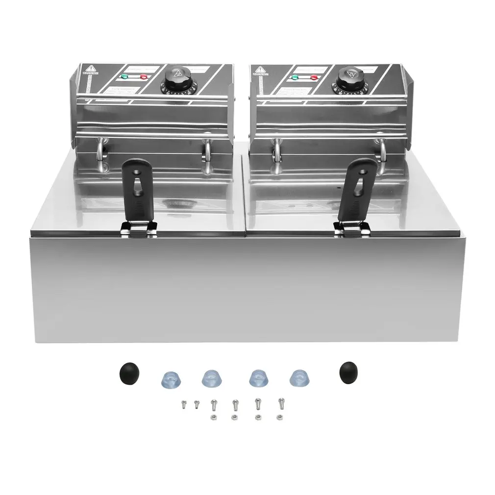 

EU Plug Commercial Professional Electric Stainless Steel Double Pots Deep Fryer Twin-tanks With Lids Baskets 2 x 10 Liter