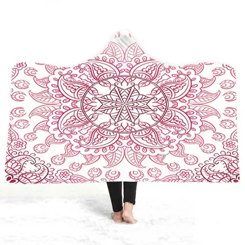 

Free shipping Gift Oriental Mandala Flower Feathers Sherpa Fleece Hooded Blanket Travel Camping Sofa Office Nap Throw