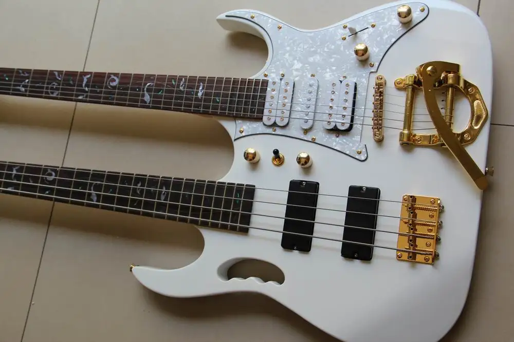 Электрическая гитара с двойным горлом, 4 струны, электрический бас+ 6 струн, электрическая гитара в белом 130501