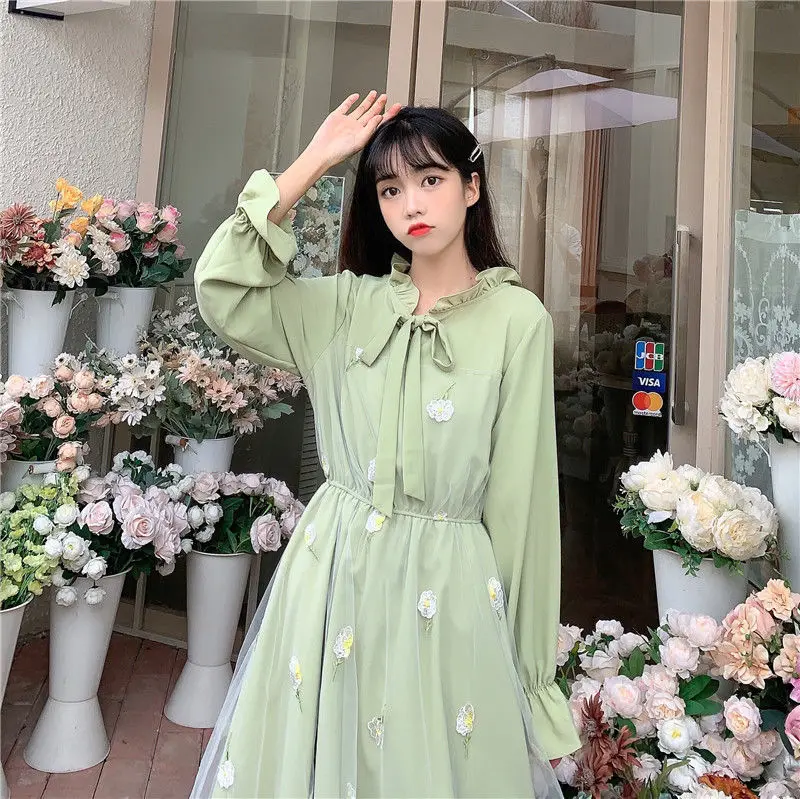 Long Sleeve Dress Women Patchwork Bow Collar Embroidery Elegant College Trendy Causal Holiday Ulzzang Empire Lovely Fall Apricot black dress