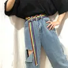 New Women Men Canvas Belts Multicolor Stripes D Ring Ladies Long Waist Strap Trouser Jeans Student Waistband Punk Harajuku 1