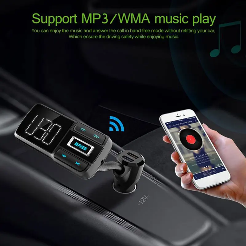 BT77D беспроводной Bluetooth fm-передатчик модулятор с сабвуфером Hands-free автомобильный комплект mp3-плеер с 5 В 3.1A двойной USB зарядное устройство