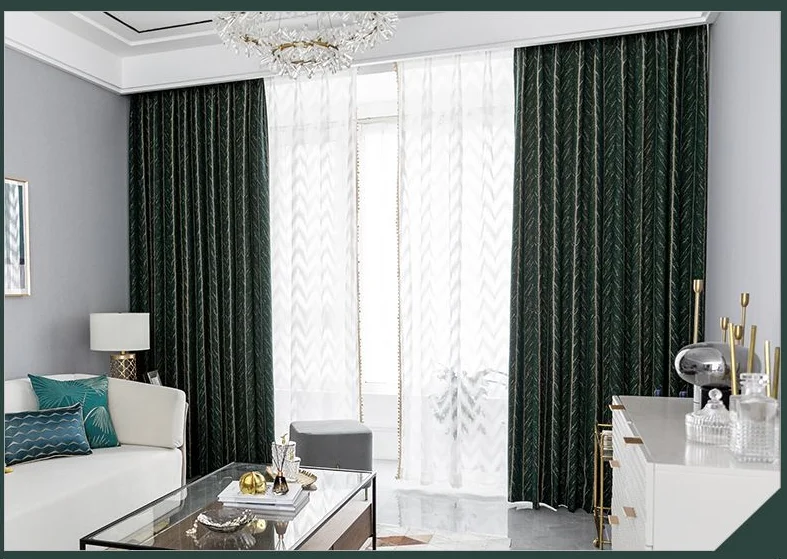 Nordic Ins Curtains for Living Dining Room Bedroom American Light Luxury Retro Green Fish Bone Curtains Finished Product Window