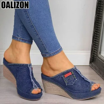

New Summer Classical Denim Fabric Women Fashion Casual Mujer Shoes Thicken Wedge Heel Girls Peep Toe Slippers Feminino Shoes R48