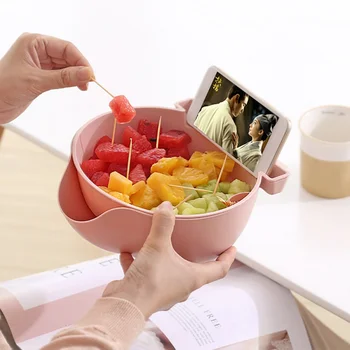 

Lazy Snack Bowl Plastic Double-layer Fruit Snack Tray Kitchen Storage Box Bowl Fruit Drain Filter Bowl with Mobile Phone Bracket